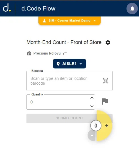 The counter screen: Month-End Count, Front of Store, location AISLE1, barcode field with scan button, quantity, Submit count and the floating tally button