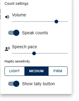Count settings: volume slider, speak counts on, speech pace slider, haptic sensitivity light, medium or firm, show tally button on