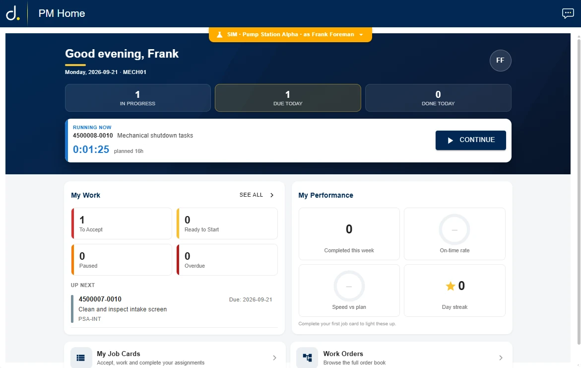 PM Home for a technician: 1 in progress, 1 due today, 0 done today; the running operation 4500008-0010 Mechanical shutdown tasks with a live timer and a Continue button; My work and My performance tiles