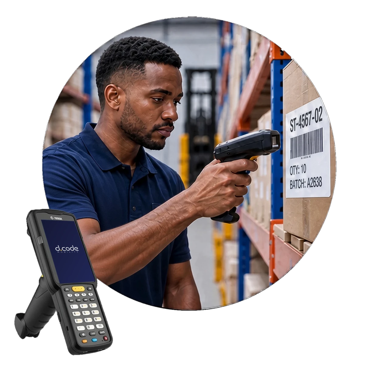 Warehouse operator scanning stock cartons with a rugged d.Code handheld