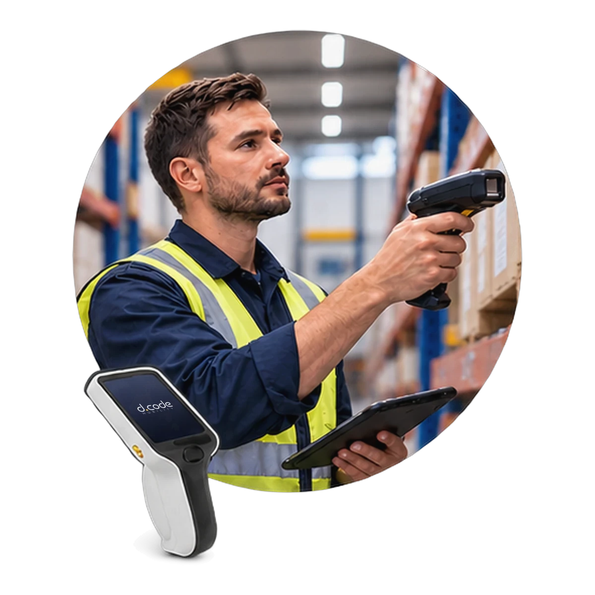 Stocktaker scanning warehouse shelves with a rugged d.Code device
