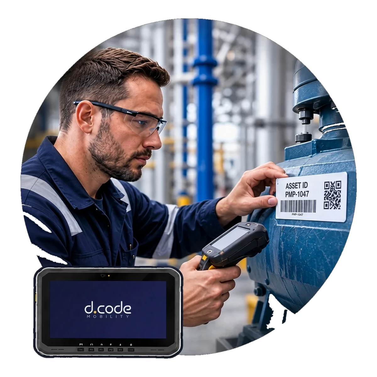 Technician applying an asset ID tag to plant equipment