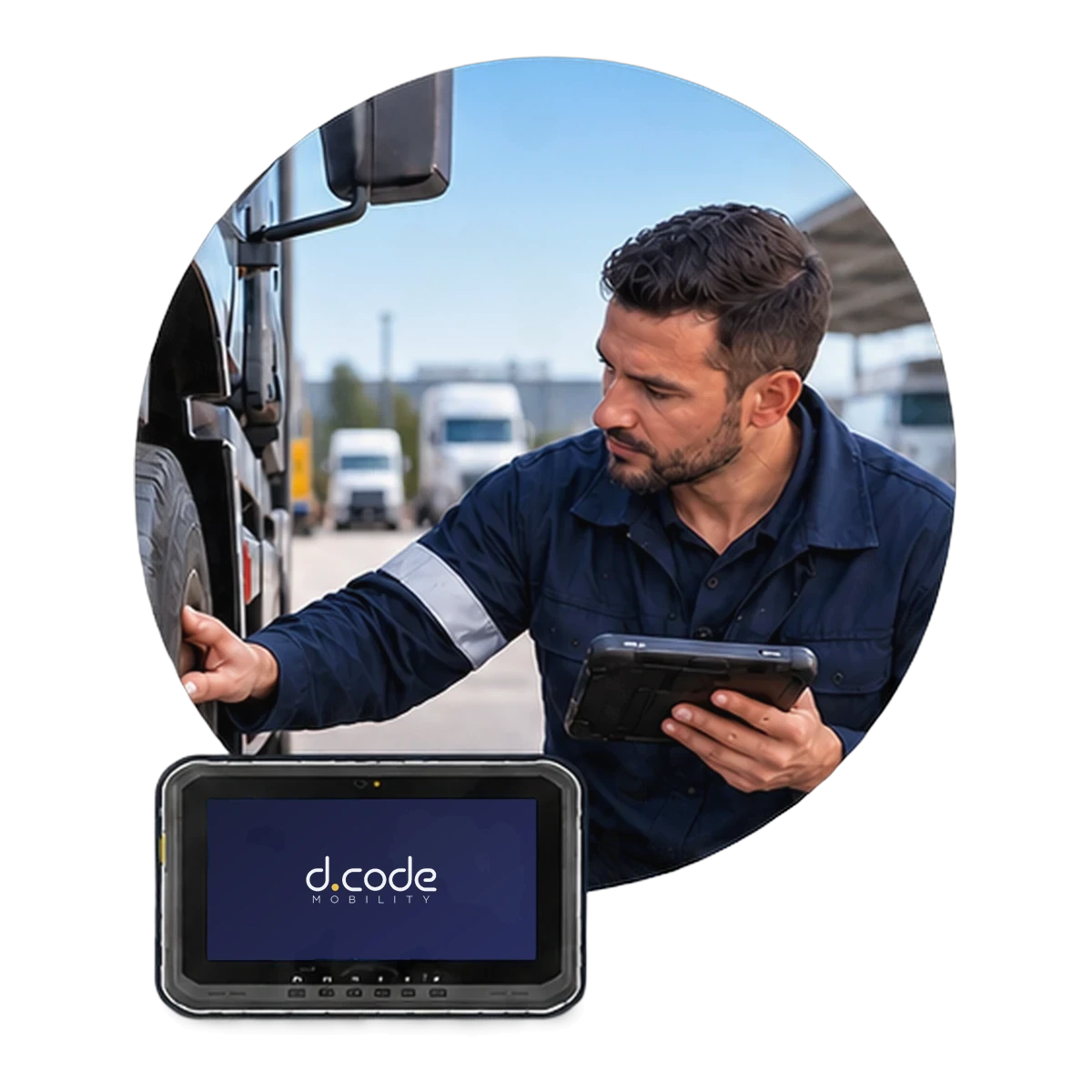 Fleet inspector checking a truck with a rugged d.Code tablet