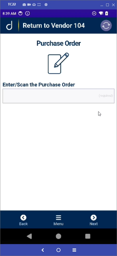 Return to vendor: scan purchase order.